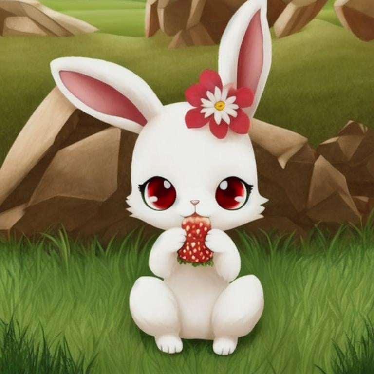 masterpiece,jewel pet,Ruby,1girl,solo,looking at viewer,holding,animal ears,sitting,flower,outdoors,food,rabbit ears,no humans,eating,grass,furry,rabbit,white fur,red eyes, <lora:jewel_pet:0.8>