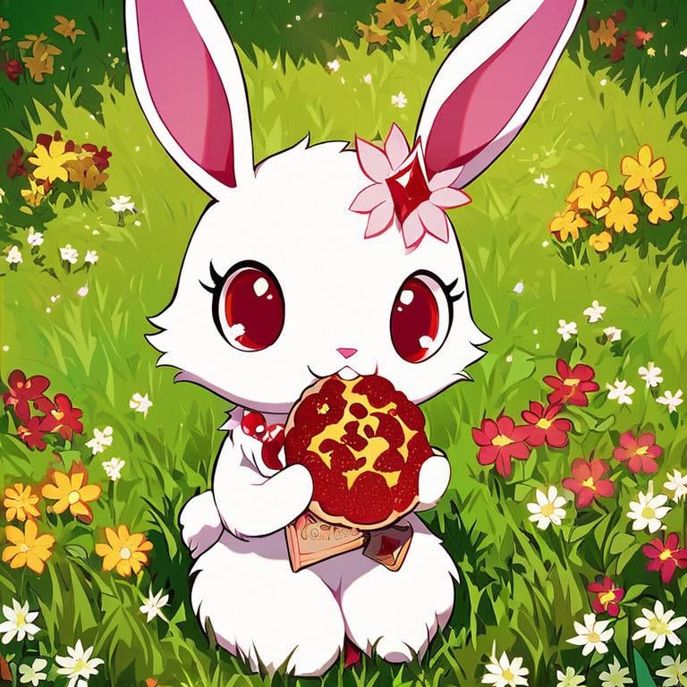 score_9, score_8_up, score_7_up, jewel pet,Ruby,1girl,solo,looking at viewer,holding,animal ears,sitting,flower,outdoors,food,rabbit ears,no humans,eating,grass,furry,rabbit,white fur,red eyes, <lora:jewel_petPony:0.8>