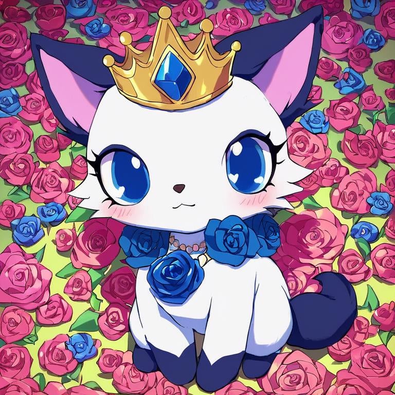 score_9, score_8_up, score_7_up, jewel pet,Kaiya,solo,blue eyes,jewelry,tail,flower,heart,necklace,no humans,:3,rose,crown,blue flower,blue rose,white fur <lora:jewel_petPony:0.8>