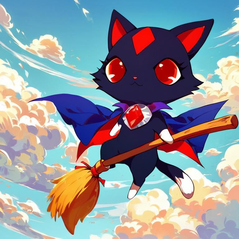 score_9, score_8_up, score_7_up, jewel pet,Nix,solo,holding,food,sky,day,cloud,cape,no humans,fruit,cat,broom,red eyes,standing on a broom <lora:jewel_petPony:0.8>