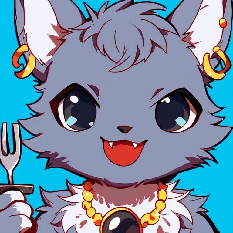 score_9, score_8_up, score_7_up, jewel pet,Dian,solo,looking at viewer,smile,open mouth,simple background,1boy,jewelry,upper body,earrings,necklace,black eyes,no humans,:3,fangs,blue background,knife,portrait,furry,fork,furry male,holding fork <lora:jewel_petPony:0.8>