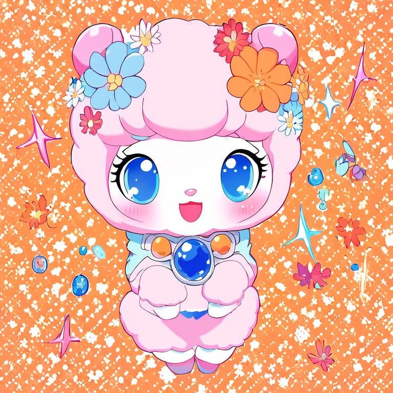 score_9, score_8_up, score_7_up, jewel pet,Angela,1girl,solo,looking at viewer,blush,smile,open mouth,blue eyes,hair ornament,full body,flower,hair flower,no humans,sparkle,orange background <lora:jewel_petPony:0.8>