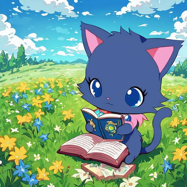 score_9, score_8_up, score_7_up, jewel pet,Lapis,solo,blue eyes,sitting,tail,flower,outdoors,sky,day,cloud,blue sky,book,no humans,:3,cat,grass,reading <lora:jewel_petPony:0.8>