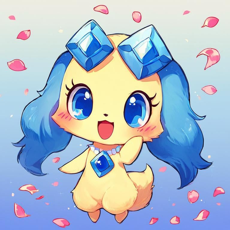 score_9, score_8_up, score_7_up, jewel pet,sapphie,solo,blush,smile,open mouth,blue eyes,jewelry,full body,necklace,gradient,petals,gradient background,pokemon (creature),no humans,blue background <lora:jewel_petPony:0.8>