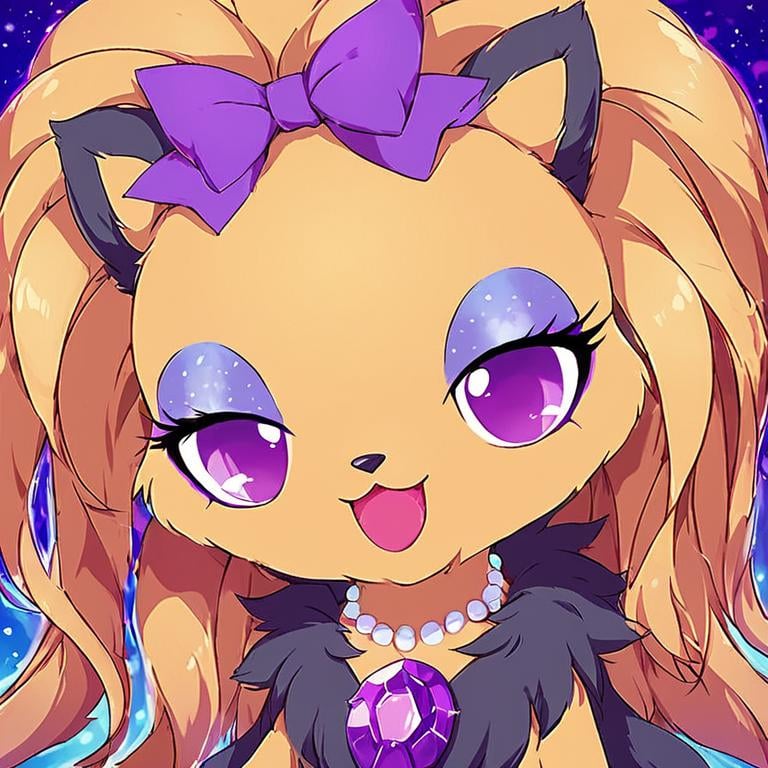 score_9, score_8_up, score_7_up, jewel pet,Topaz,solo,looking at viewer,smile,open mouth,bow,jewelry,purple eyes,hair bow,necklace,pokemon (creature),no humans,makeup,:3,half-closed eyes,eyeshadow,straight-on <lora:jewel_petPony:0.8>