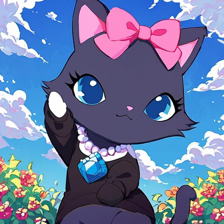 score_9, score_8_up, score_7_up, jewel pet,Diana,solo,looking at viewer,blue eyes,bow,jewelry,sky,day,cloud,necklace,blue sky,no humans,:3,animal,parody,cat,pink bow,clothed animal <lora:jewel_petPony:0.8>