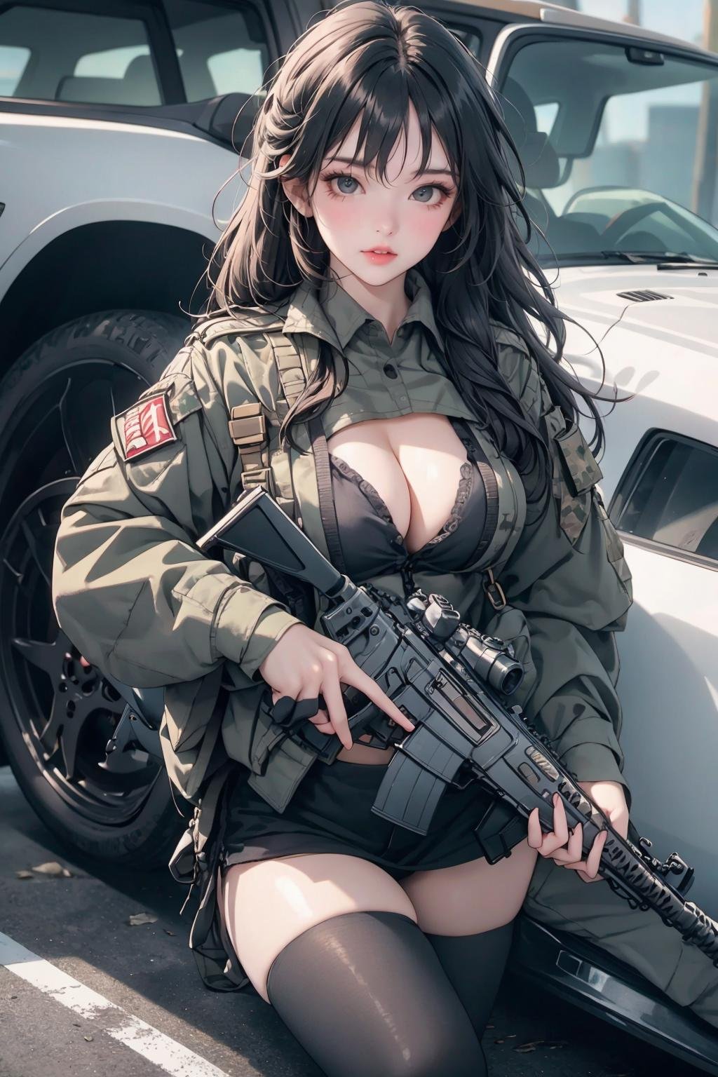 <lora:army:1>,army,cleavage,thighhighs,