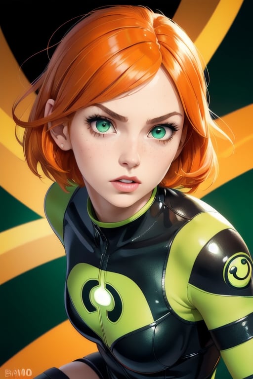 (masterpiece), best quality, high resolution, highly detailed, sole_female, slim, fit, realistic, beautiful eyes, gwen tennyson (/Ben10)/,(ultra HD quality details), bright orange hair, short hair, (green eyes), mouth opened, hiding, focusing on colorful beetle