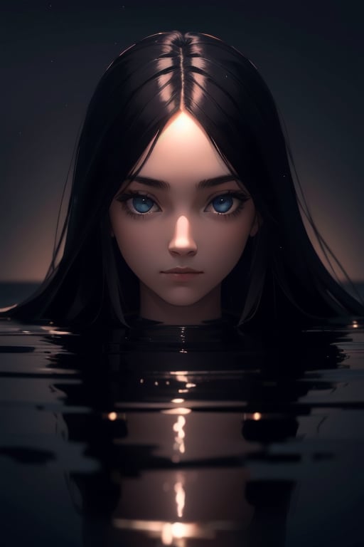    1girl, long hair, 43stl1ght1ng, low light, dramatic lighting, darkness, reflection, water, eye lighting,
