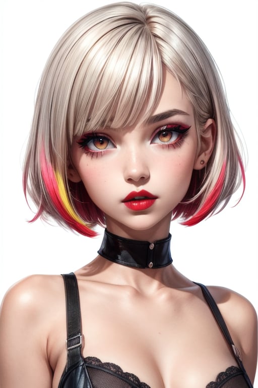 1girl,solo, upper body,looking at viewer, white background, bob cut, short hair, multicolored hair, makeup , parted lips, red lips, eyeliner,
