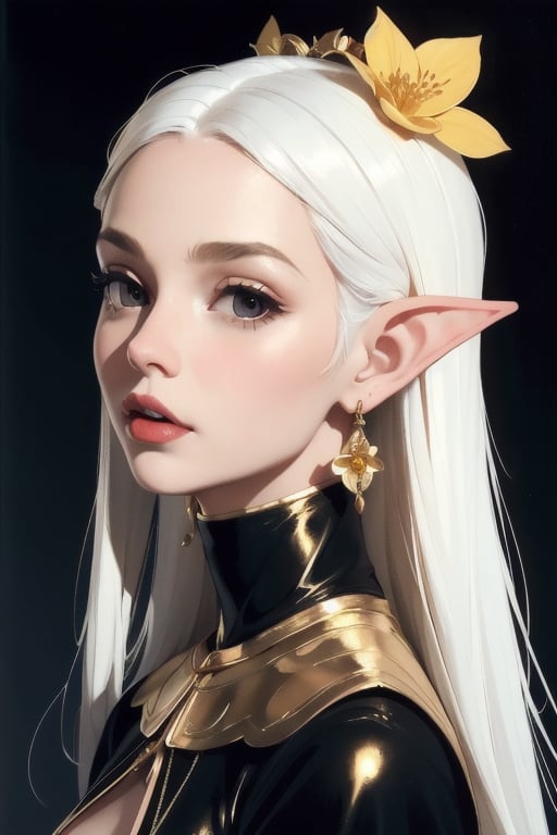 1girl, Golden flower, capelet, dress, drop earrings, sexy black dress, earrings, elf, symmetry, solo, full face, white hair, perfect light, oil painting