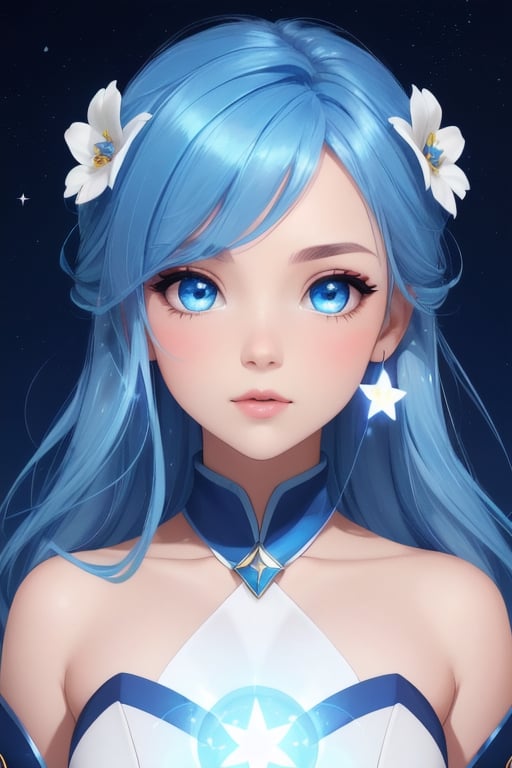 score_9, score_8_up, score_7_up, score_6_up, score_5_up, score_4_up,   blu3s, 1girl, flowers, blue hair, blue eyes, ethereal background, stars. sparkles, magical.