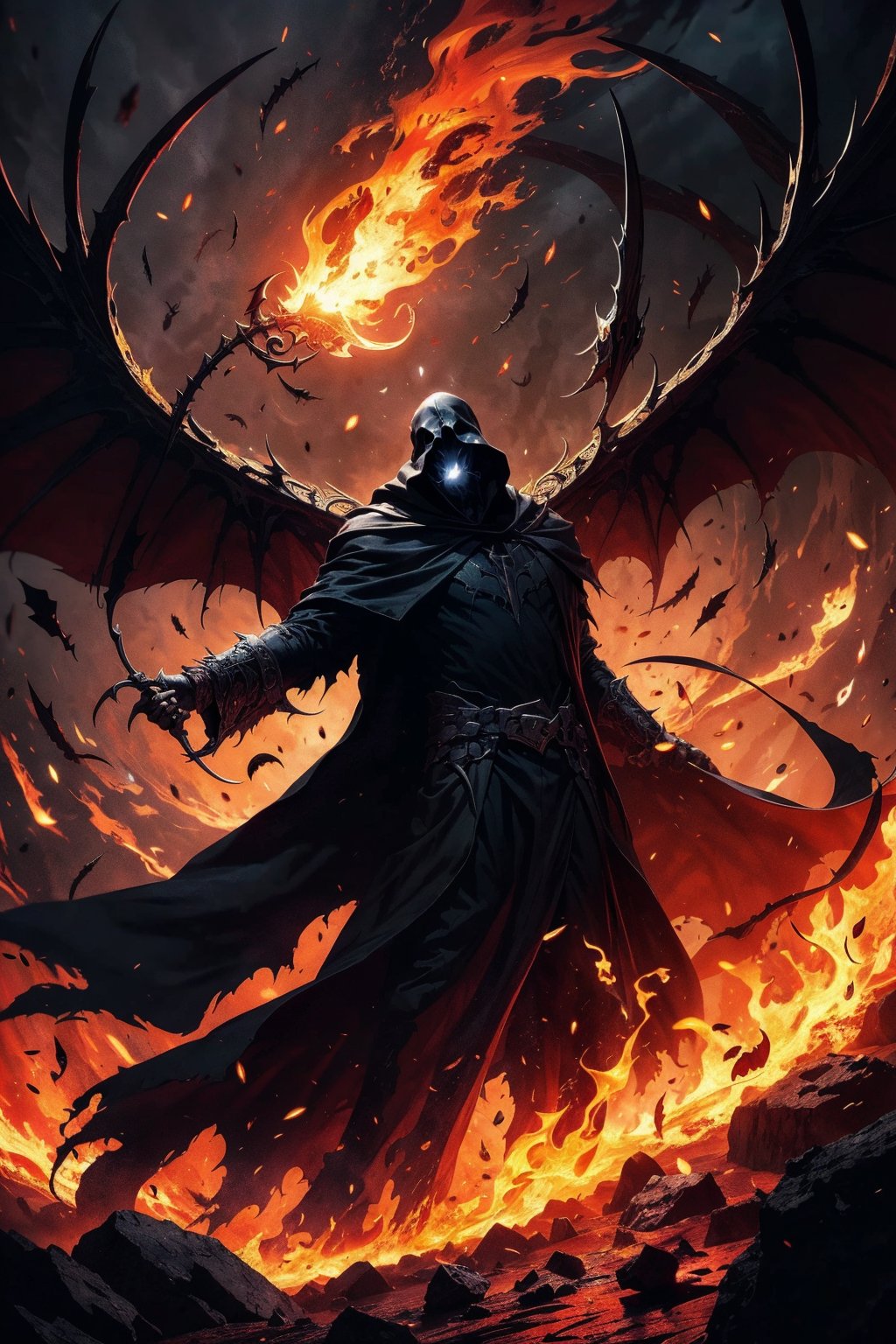 Grim Reaper, fire, sickle, world, soul, darkness, black, wings, flying, fear, thorny face, Magic, Fantasy