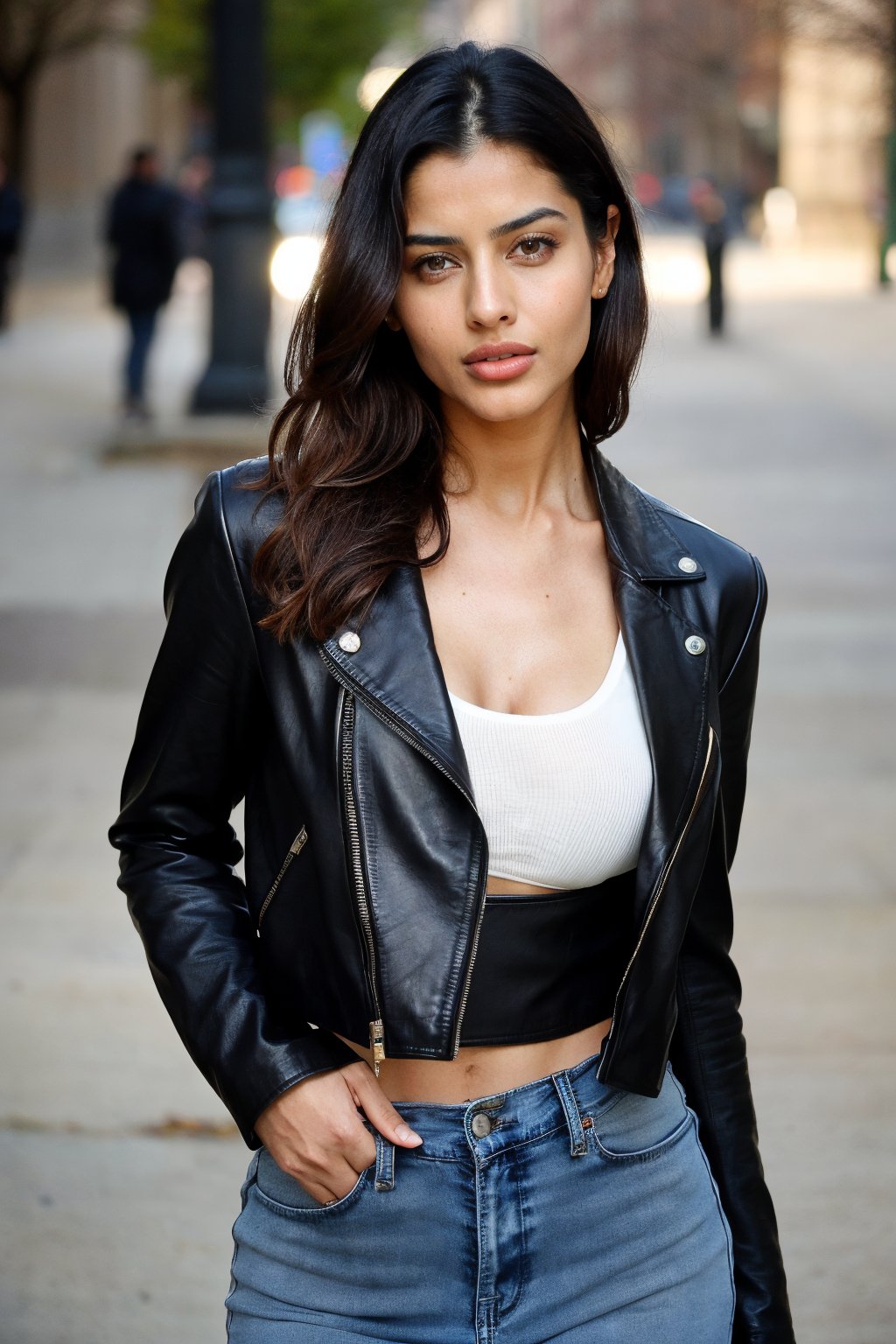 There a woman isma young beautiful 
Indian woman, face features like Katrina Kaif, wearing black leather jacket, Standing looking into the camera, portrait causal photo,. Realism,Realism,Portrait
,Raw photo