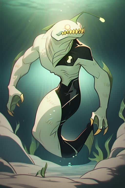 <lora:ripjaws-09:1> ripjaws, full body, underwater, glowing yellow eyes,, masterpiece, best quality