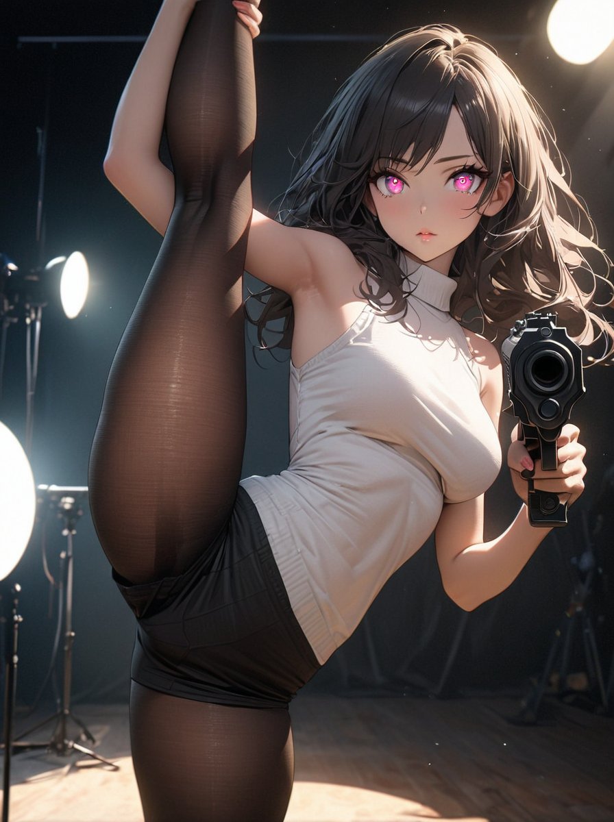 (best quality:1.2), 1 girl, standing_split, long black hair, white turtleneck sweater, sports Shorts, pantyhose, Beautiful and delicate eyes, Beautiful and delicate lips, Extremely detailed eyes and face, long eyelashes, bright colors, professional, Super detailed, actual, studio lighting, Physically based rendering,holding gun with both hands,Aim at you,gunatyou