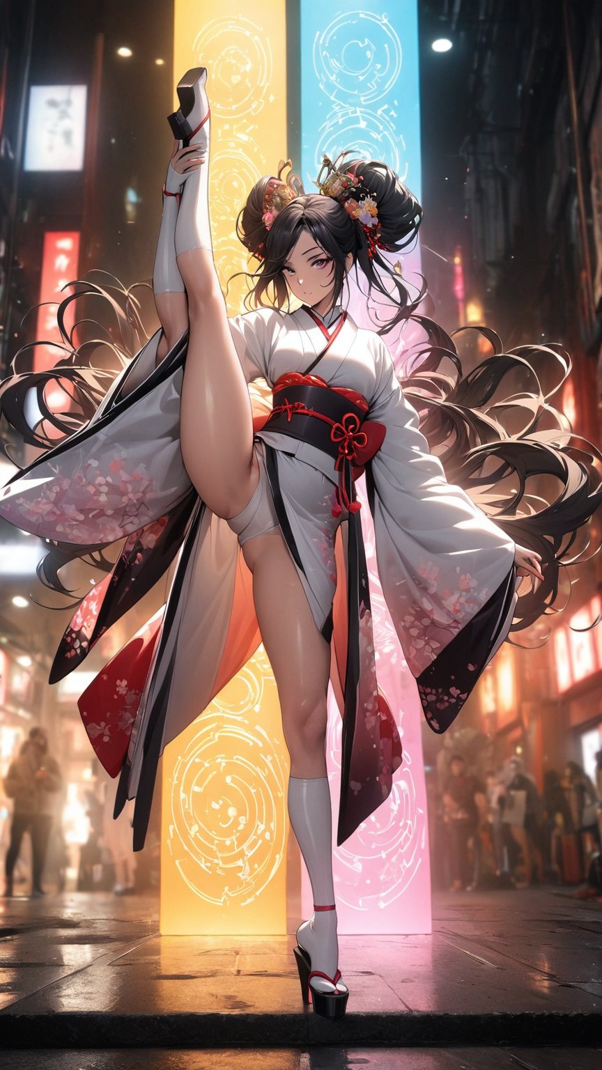 (best quality:1.2),1girl,solo,standing_split,full body, A photo of a Japanese woman in her twentieade of shiny white and silver translucent glass and plastic, Geisha makeup and hairstyle, Silver metal interior, dynamic poses, flowing organic structure, Glowing golden circuit, colorful neon decoration, light emitting circuit, neon decoration, Depth of field focus f/2.8, H&#39;s Art.right. jiger, Greg rightutowski