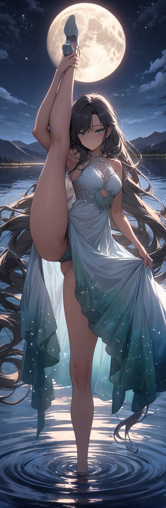 (masterpiece, best quality:1.2), 1girl, solo,standing_split, standing split,standing on one leg, (high resolution,best quality,actual),1 girl,standing on the lake,Gaze at the moon,sparkling reflection on water,serene atmosphere,(ethereal, ethereal beauty:1.1),(flowing long hair,flowing dress),(Soft moonlight illuminates the scene),(mystery,Obsessed),water ripples,(whiss,Moderate breeze),calm and quiet night,stars shining in the sky,(delicate,delicate colors),(sublimation,sublimation beauty),(contour, contour figure),(peaceful,peaceful expression),(distant mountains,Tree in the distance),(dreamlike,dreamlike scene),(peaceful,peaceful setting),(magic,magic moment),(Lush green plants, lush surroundings),(ethereal reflections,reflection on water),(majestic,majestic view),(charming,charming sight),(peaceful,brooding mood),(light illuminates darkness),(peaceful,serene aura),(Moderate,Moderate waves),(Starlight,Starlight sky),(shining,starry night),(serene,serene beauty),(fantastic,fantastic atmosphere),(Lakeside scene,lake view),(dream,dream landscape),(ethereal,ethereal ambiance),(mystery,mystery aura),(quiet,quiet surroundings),(Lonely,serene Lonely)