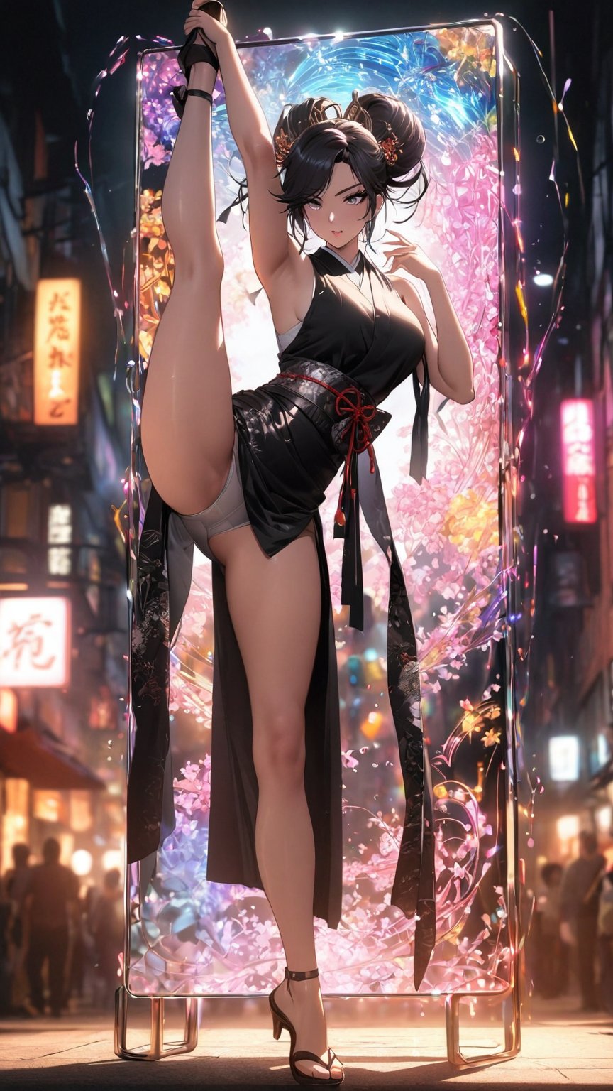 (best quality:1.2),1girl,solo,standing_split,full body, A photo of a Japanese woman in her twentieade of shiny white and silver translucent glass and plastic, Geisha makeup and hairstyle, Silver metal interior, dynamic poses, flowing organic structure, Glowing golden circuit, colorful neon decoration, light emitting circuit, neon decoration, Depth of field focus f/2.8, H&#39;s Art.right. jiger, Greg rightutowski