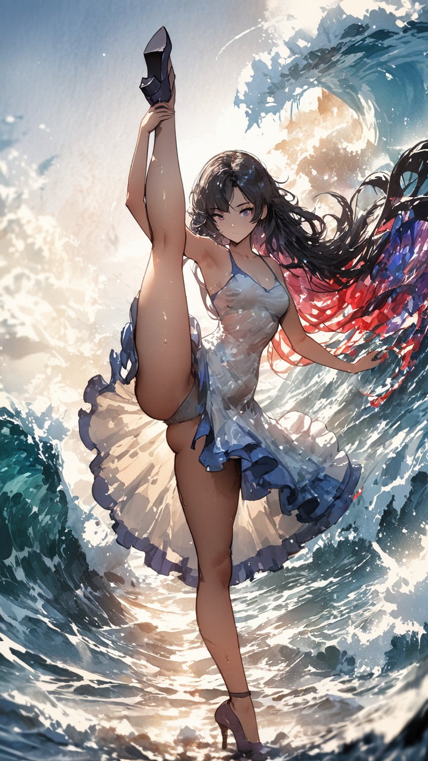 (masterpiece, best quality:1.2), 1girl, solo,standing_split, 1girl, rainbow colored hair, liquid hair, long hair, floating hair, full body, flamenco dancing, sundress, liquid clothes, style-swirlmagic, water,waves, tsunami,tide,sea,water dress,fantasy, high contrast, ink strokes, explosions, over exposure, purple and red tone impression , abstract, ((watercolor painting by John Berkey and Jeremy Mann )) brush strokes, negative space, perfect lighting, perfect shading, stunning, beautiful, gorgeous