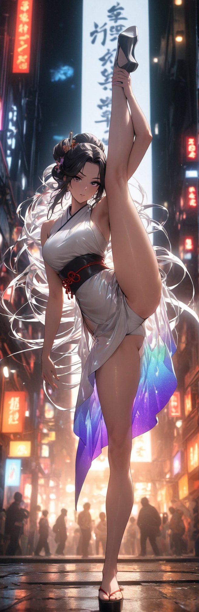 (best quality:1.2),1girl,solo,standing_split,full body, A photo of a Japanese woman in her twentieade of shiny white and silver translucent glass and plastic, Geisha makeup and hairstyle, Silver metal interior, dynamic poses, flowing organic structure, Glowing golden circuit, colorful neon decoration, light emitting circuit, neon decoration, Depth of field focus f/2.8, H&#39;s Art.right. jiger, Greg rightutowski