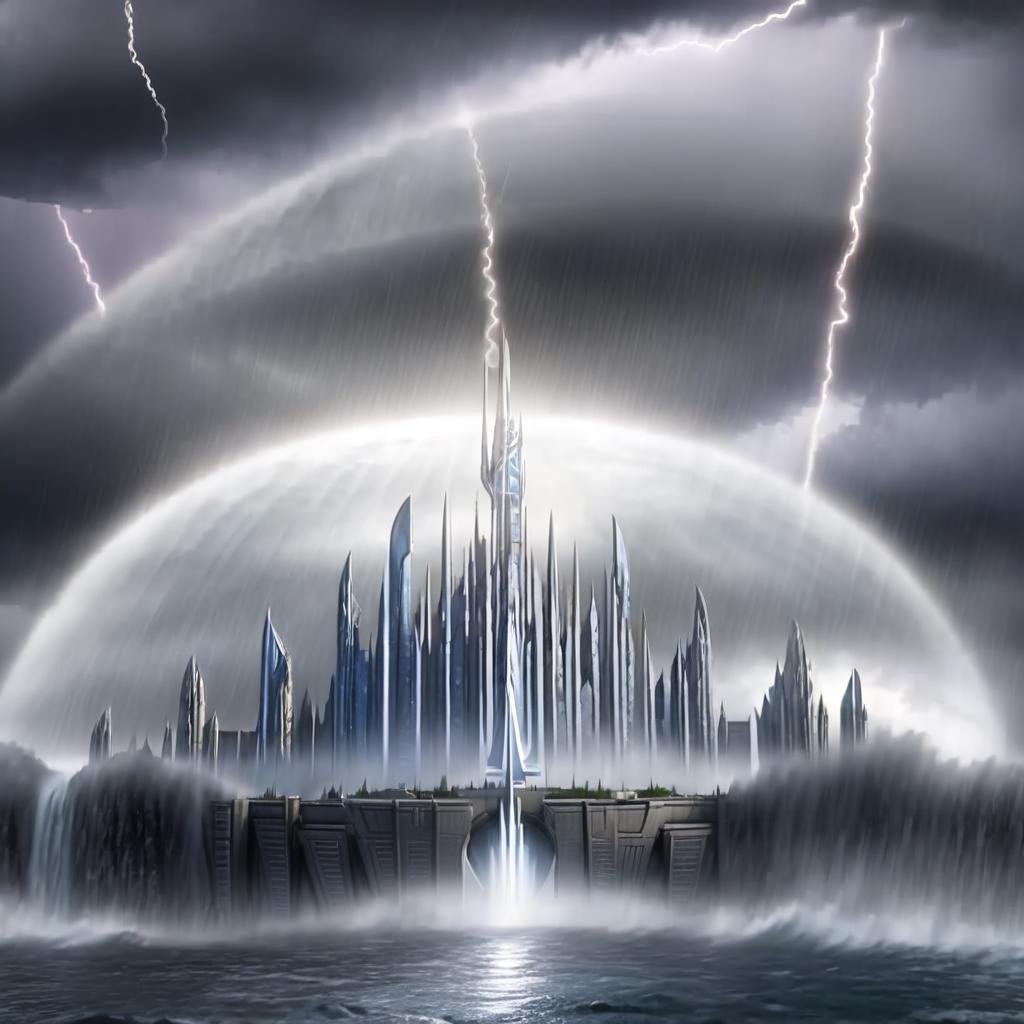 Masterpiece,absurd resolution,8k,high resolution,AtlantisWorld,stargate atlantis,dome,outdoors,sky,cloud,water,no humans,cloudy sky,scenery,science fiction,rain,planet,lightning, <lora:AtlantisWorld_XL:0.8>