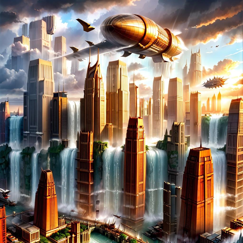 Masterpiece,absurd resolution,8k,high resolution,AtlantisWorld,outdoors,sky,cloud,water,no humans,cloudy sky,building,scenery,science fiction,city,aircraft,cityscape,skyscraper,waterfall,airship, <lora:AtlantisWorld_XL:0.8>