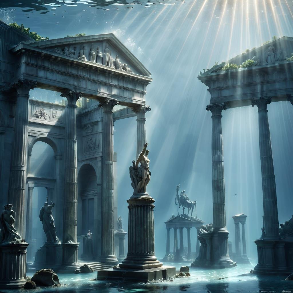 Masterpiece,absurd resolution,8k,high resolution,AtlantisWorld,outdoors,water,no humans,sunlight,scenery,light rays,underwater,architecture,pillar,statue,column, <lora:AtlantisWorld_XL:0.8>