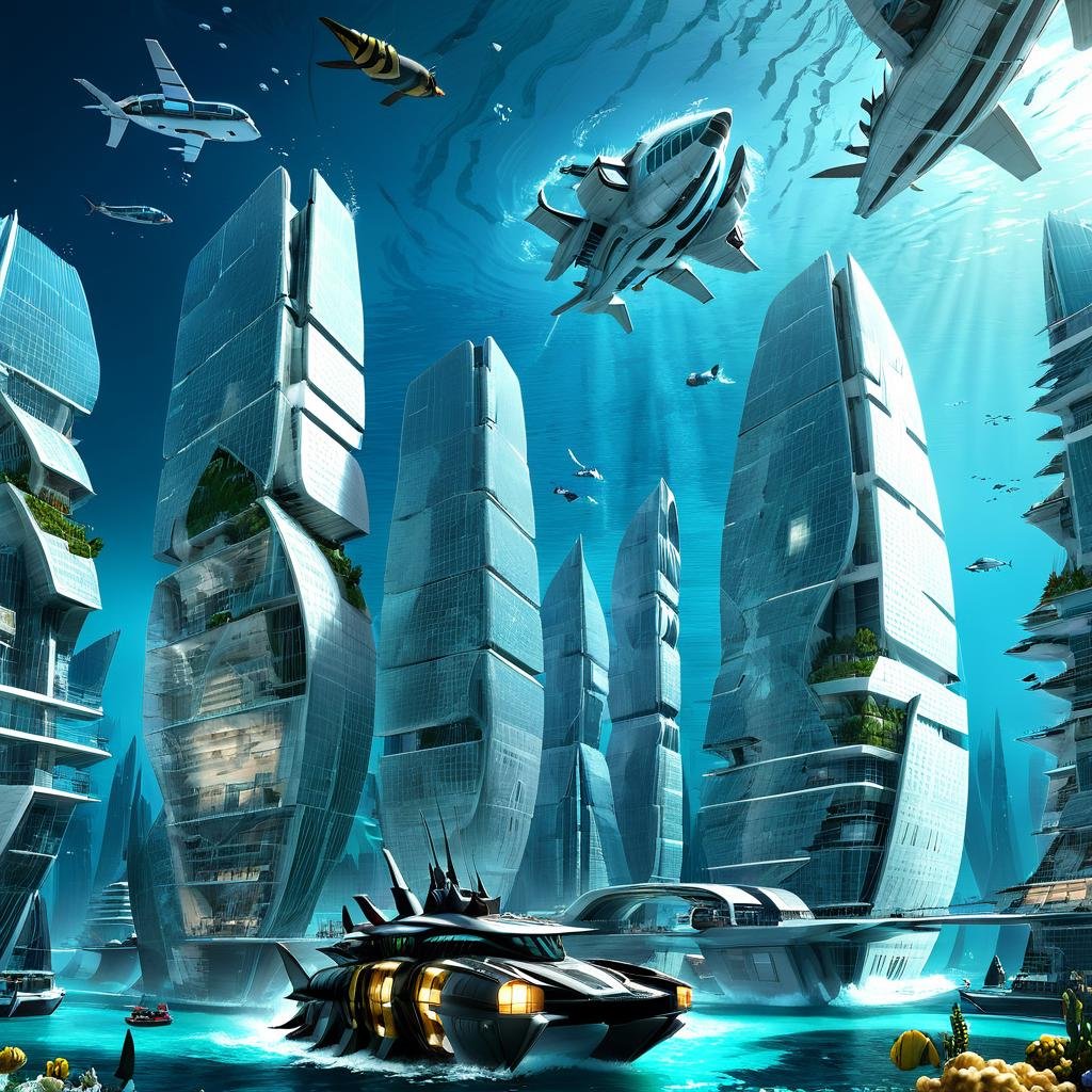 Masterpiece,absurd resolution,8k,high resolution,AtlantisWorld,futuristic buildings,water,no humans,ocean,scenery,fish,underwater,aircraft,watercraft,vehicle focus,ship, <lora:AtlantisWorld_XL:0.8>