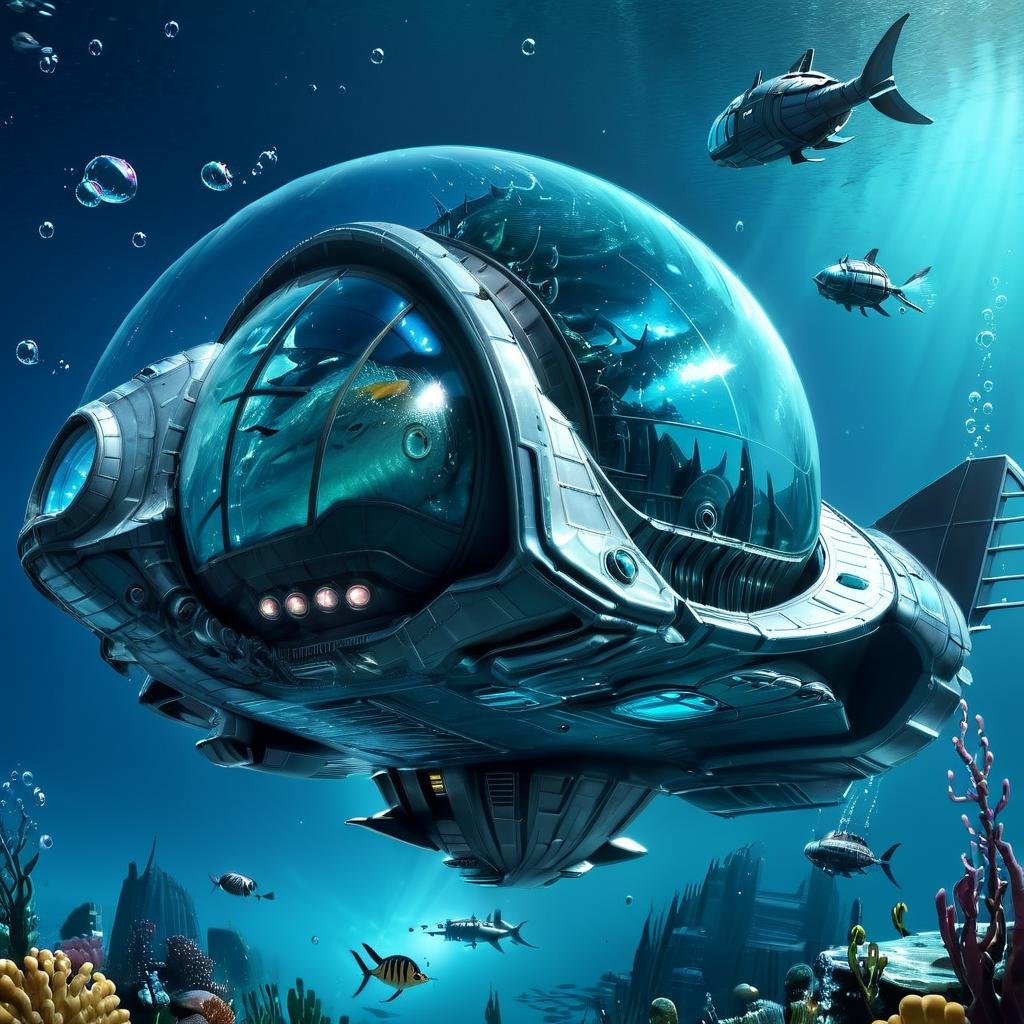 Masterpiece,absurd resolution,8k,high resolution,AtlantisWorld,AtlantisWorld,water,no humans,scenery,fish,science fiction,bubble,underwater,air bubble,spacecraft, <lora:AtlantisWorld_XL:0.8>