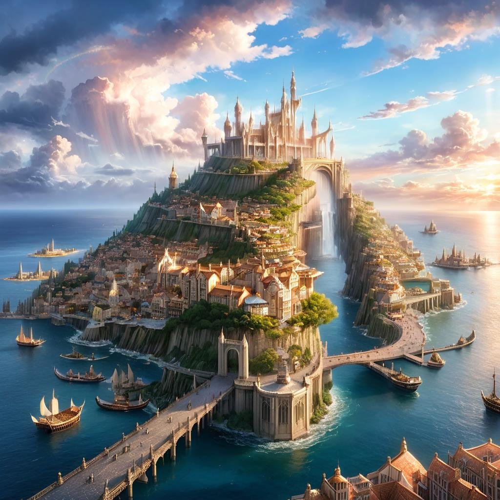 Masterpiece,absurd resolution,8k,high resolution,AtlantisWorld,outdoors,sky,cloud,water,ocean,traditional media,building,scenery,city,fantasy,horizon,cityscape,bridge, <lora:AtlantisWorld_XL:0.8>