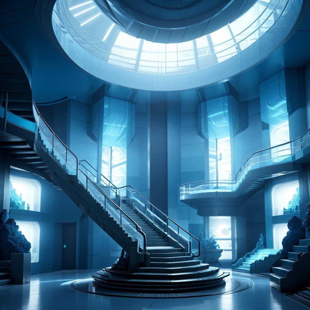 Masterpiece,absurd resolution,8k,high resolution,AtlantisWorld,indoors,no humans,scenery,science fiction,blue theme,stairs,interior,futuristic,lab <lora:AtlantisWorld_XL:0.8>