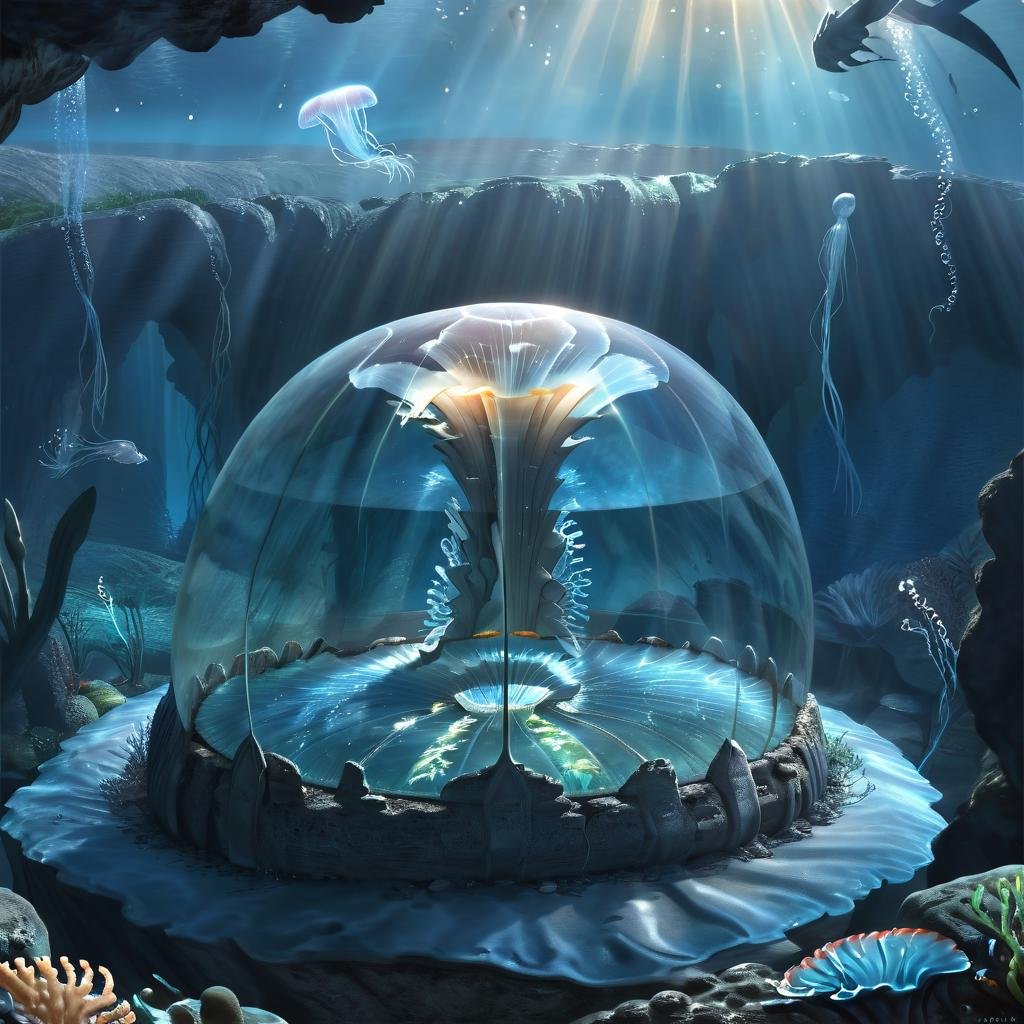 Masterpiece,absurd resolution,8k,high resolution,AtlantisWorld,dome,water,no humans,dome,sunlight,scenery,fish,bubble,light rays,underwater,air bubble,sunbeam,jellyfish,cave,coral, <lora:AtlantisWorld_XL:0.8>