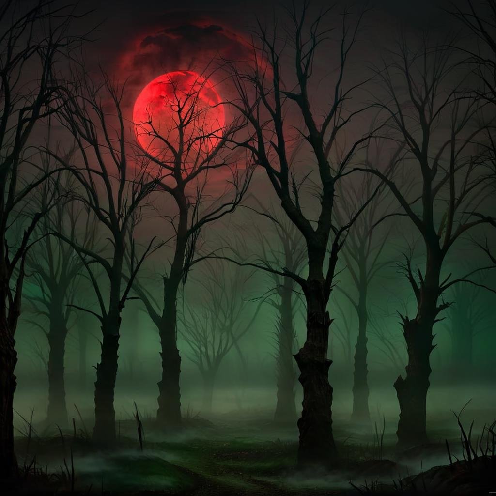 Masterpiece,absurd resolution,8k,high resolution,NightScapes,3am,creatures,trees,bare tree,night,(dark:1.5),fog,,horror (theme),green theme,standing,outdoors,creatures behind trees,scary,shades,red sky,red moon,  <lora:NightScapes_XL14:0.8>