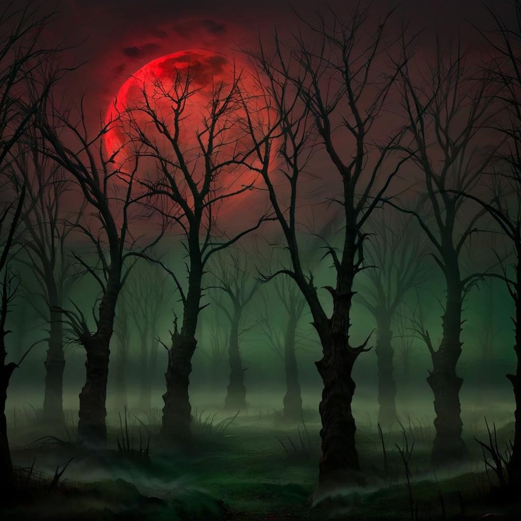 Masterpiece,absurd resolution,8k,high resolution,NightScapes,3am,creatures,trees,bare tree,night,dark,fog,,horror (theme),green theme,standing,outdoors,creatures behind trees,scary,shades,red sky,red moon,  <lora:NightScapes_XL14:0.8>