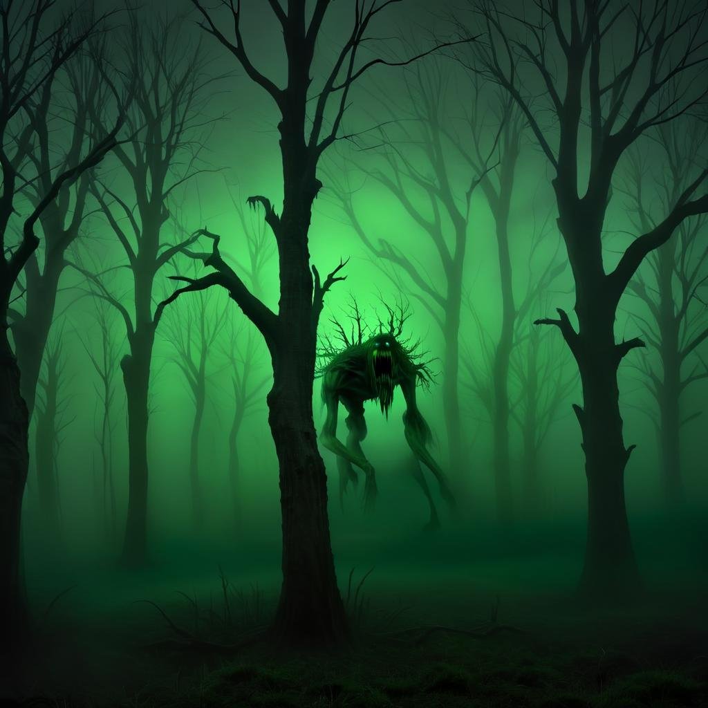 Masterpiece,absurd resolution,8k,high resolution,NightScapes,3am,creatures,trees,bare tree,night,(dark:1.5),fog,,horror (theme),green theme, <lora:NightScapes_XL:0.8>