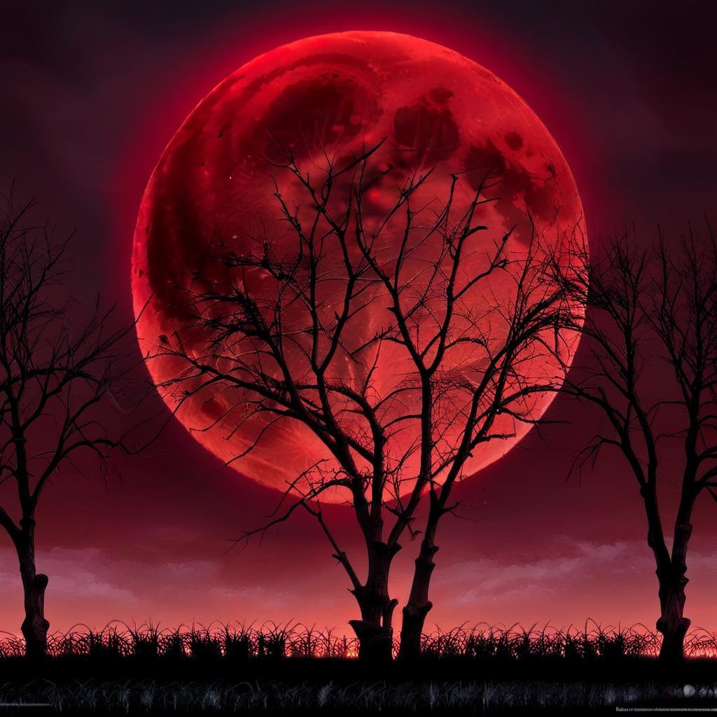 Masterpiece,absurd resolution,8k,high resolution,NightScapes,red moon,big moon,outdoors,sky,tree,no humans,night,moon,grass,night sky,scenery,full moon,red theme,bare tree,red moon,red sky,  <lora:NightScapes_XL14:0.8>