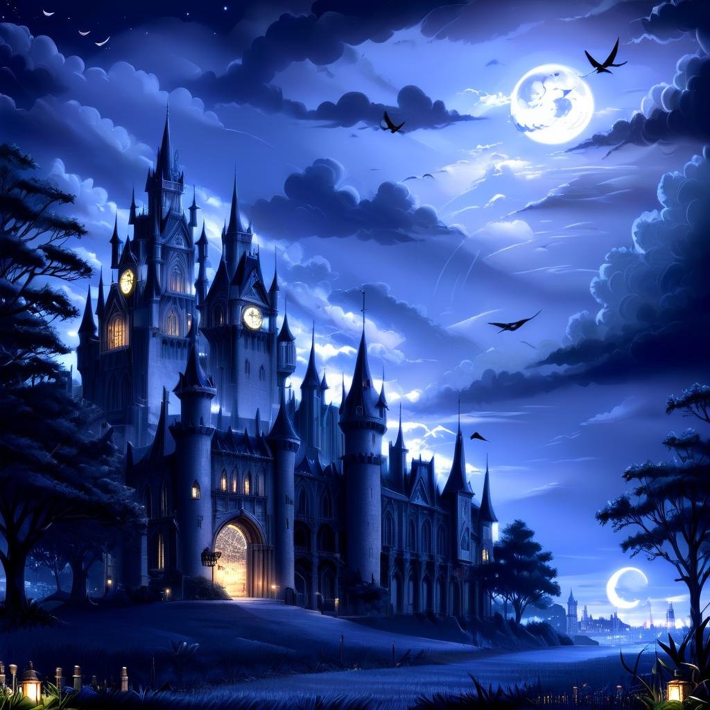 Masterpiece,absurd resolution,8k,high resolution,NightScapes,outdoors,sky,cloud,tree,no humans,night,bird,moon,cloudy sky,grass,building,nature,night sky,scenery,full moon,castle,tower,clock tower,  <lora:NightScapes_XL14:0.8>