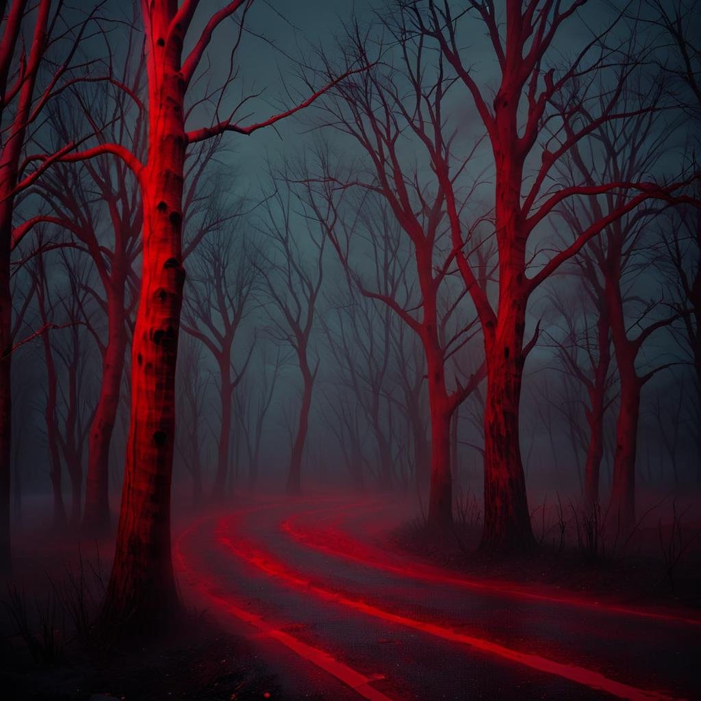 Masterpiece,absurd resolution,8k,high resolution,NightScapes,3am,creature,trees,bare tree,night,(dark:1.5),fog,,horror (theme),red theme,found tape,grain tape, <lora:NightScapes_XL:0.8>