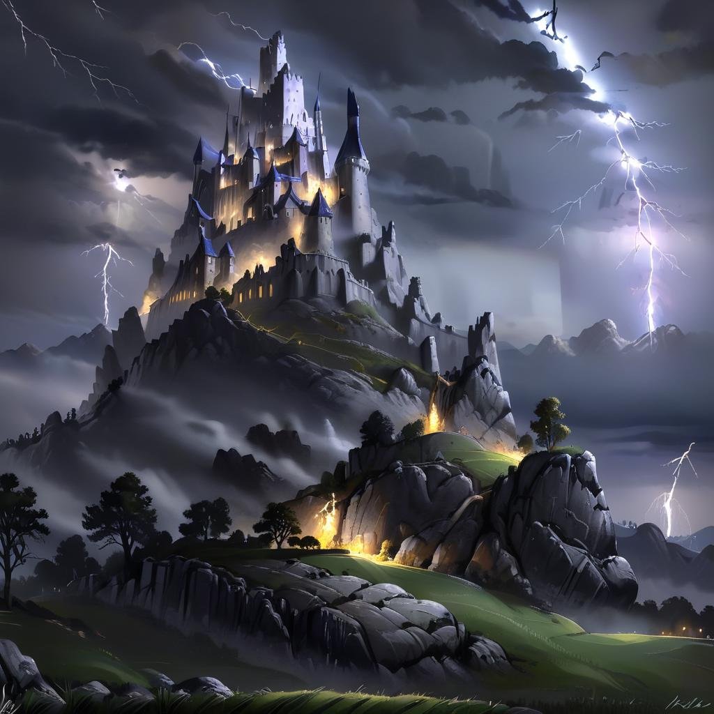 Masterpiece,absurd resolution,8k,high resolution,NightScapes,outdoors,sky,cloud,signature,tree,no humans,night,cloudy sky,grass,nature,scenery,rock,mountain,castle,lightning,landscape,  <lora:NightScapes_XL14:0.8>