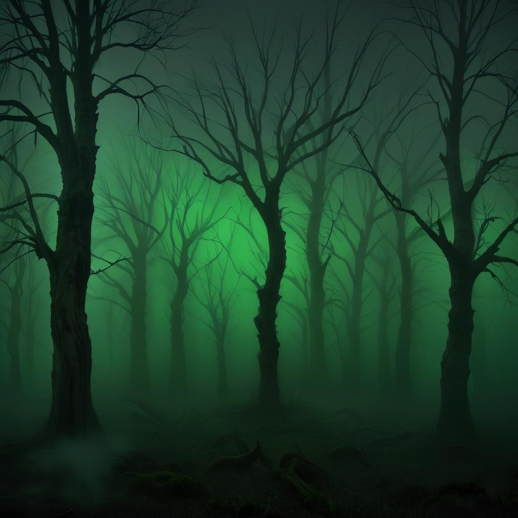 Masterpiece,absurd resolution,8k,high resolution,NightScapes,3am,creatures,trees,bare tree,night,(dark:1.5),fog,,horror (theme),green theme, <lora:NightScapes_XL:0.8>