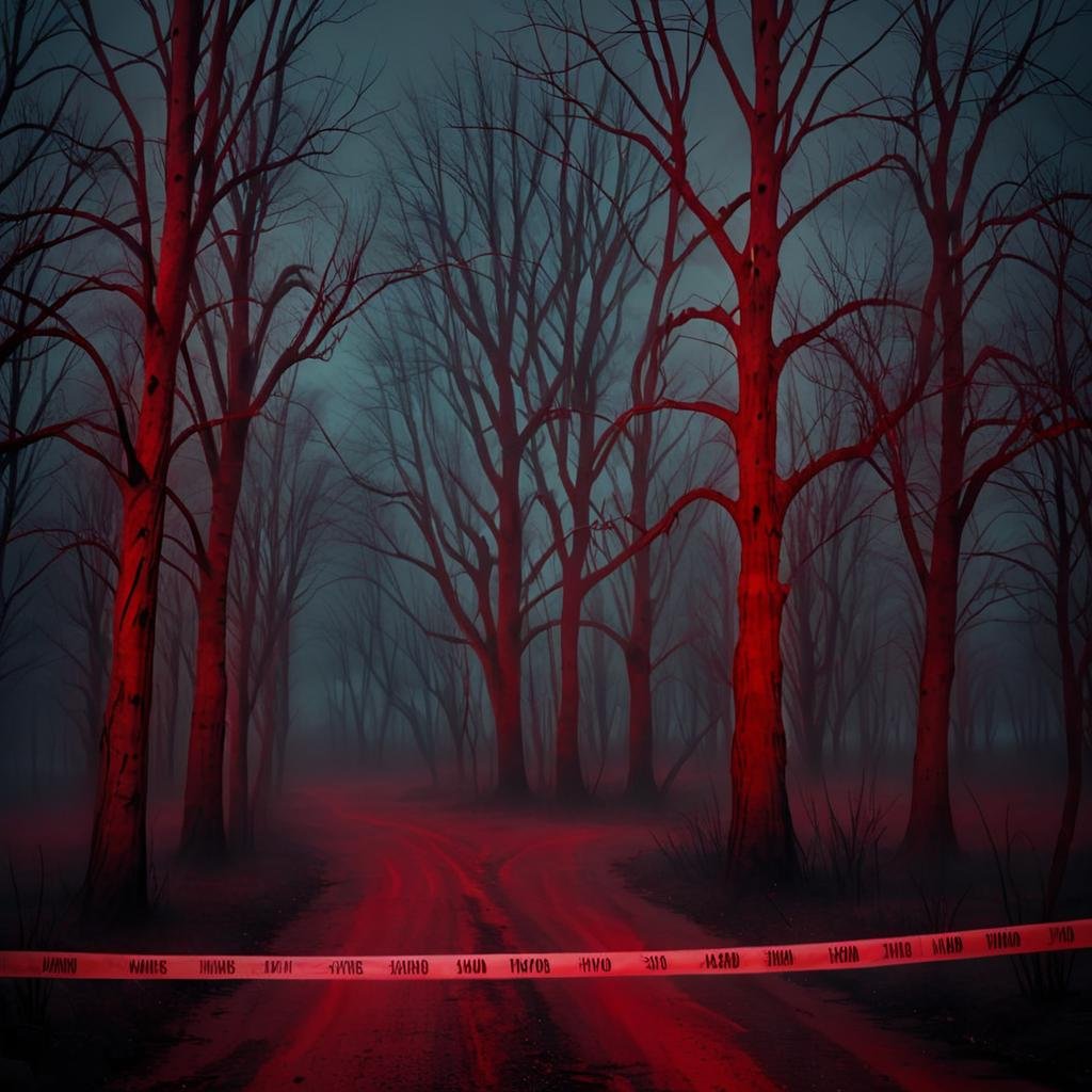 Masterpiece,absurd resolution,8k,high resolution,NightScapes,3am,creatures,trees,bare tree,night,(dark:1.5),fog,,horror (theme),red theme,found tape,grain tape, <lora:NightScapes_XL:0.8>