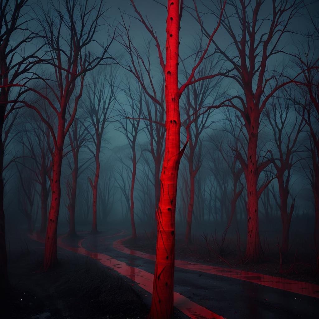 Masterpiece,absurd resolution,8k,high resolution,NightScapes,3am,creature,trees,bare tree,night,(dark:1.5),fog,,horror (theme),red theme,found tape,grain tape, <lora:NightScapes_XL:0.8>