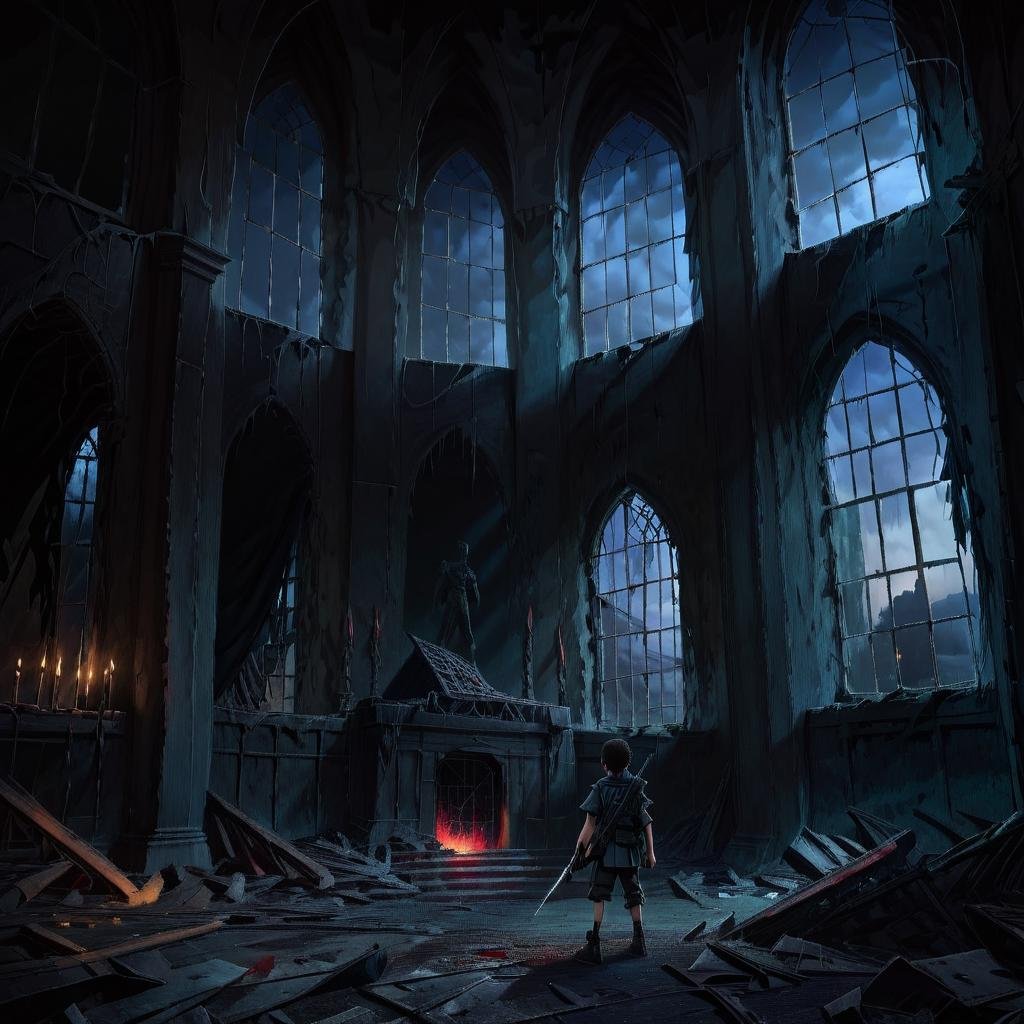 Masterpiece,absurd resolution,8k,high resolution,NightScapes,solo,1boy,standing,weapon,indoors,window,scenery,dark,ruins,  <lora:NightScapes_XL14:0.8>