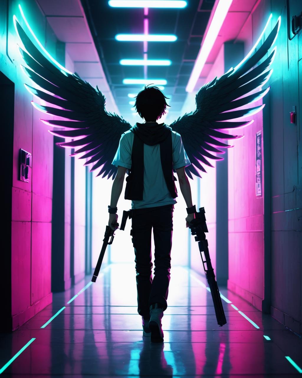 a man standing in a long hallway with neon lights , solo, 1boy, standing, weapon, male focus, wings, ikari shinji