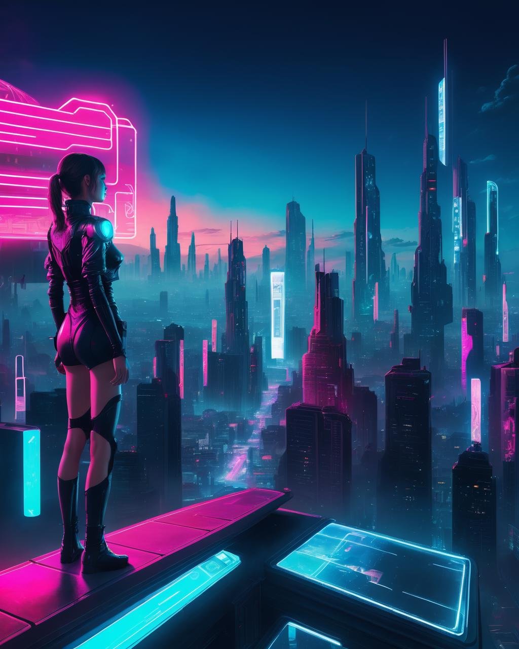 a futuristic city with neon lights and a man standing on top of a building , 1girl, solo, standing, scenery, science fiction, neon lights, hologram, very wide shot