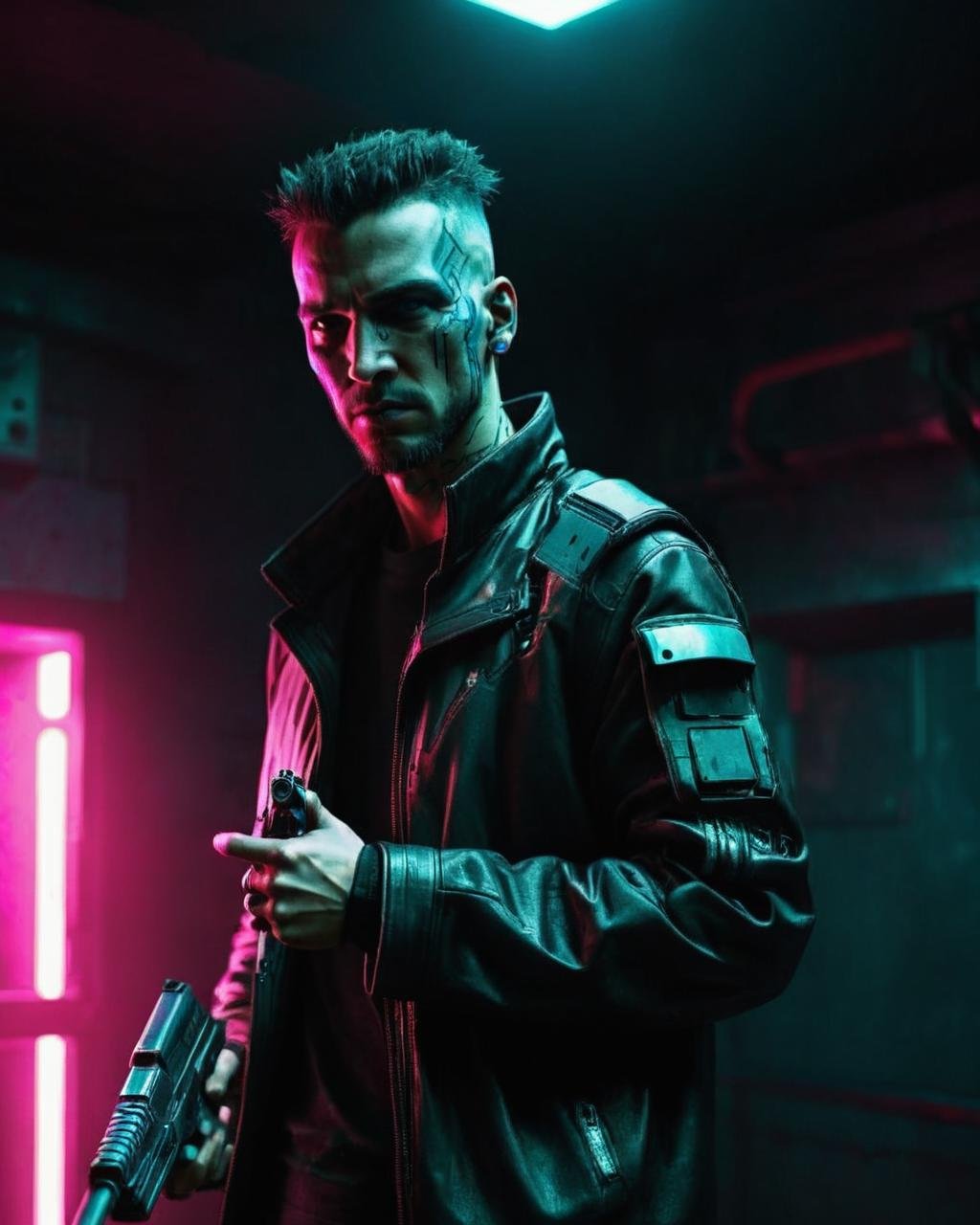 a man with a gun in a dark room , cyberpunk style