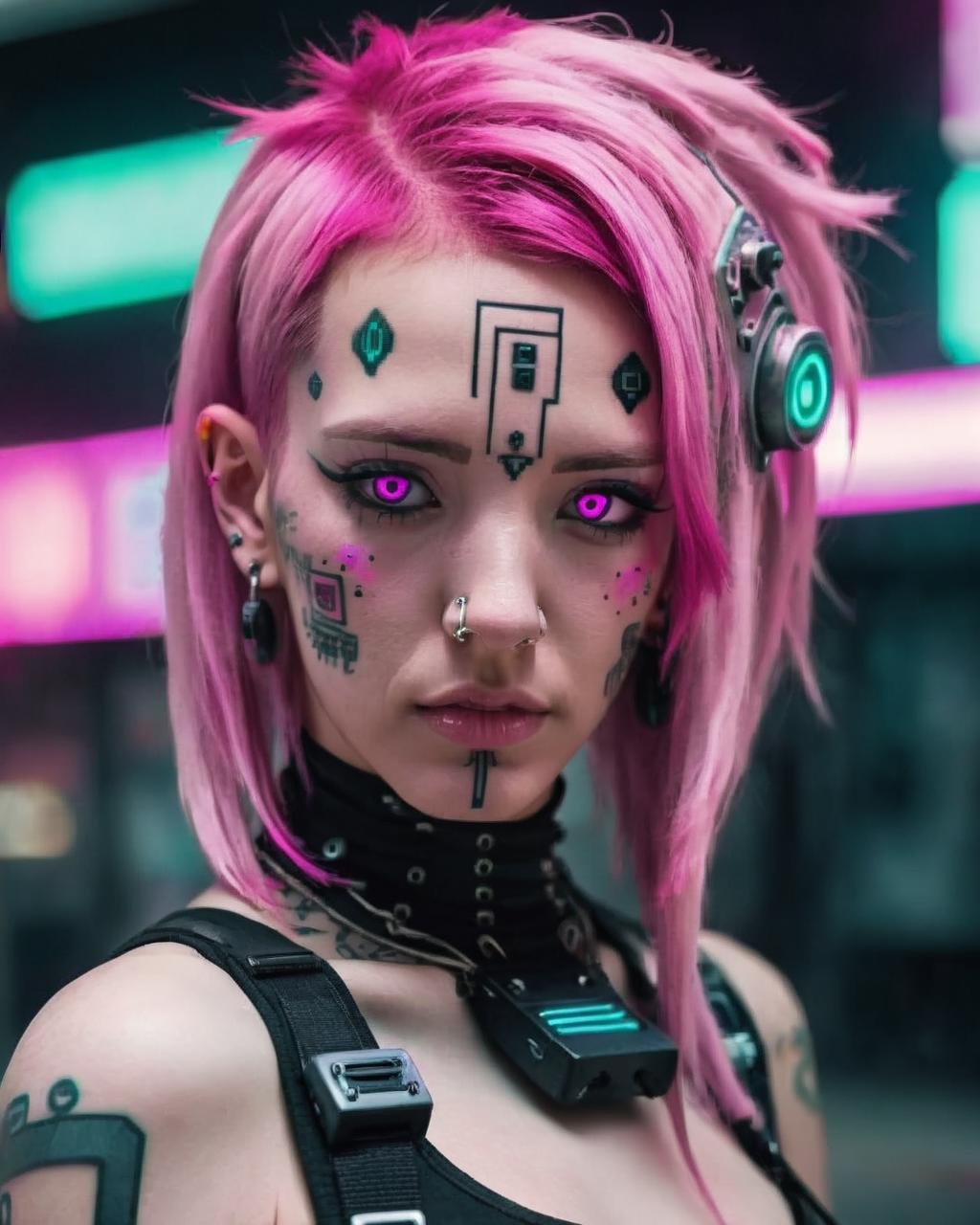 a woman with a pink hair and piercings , cyberpunk style