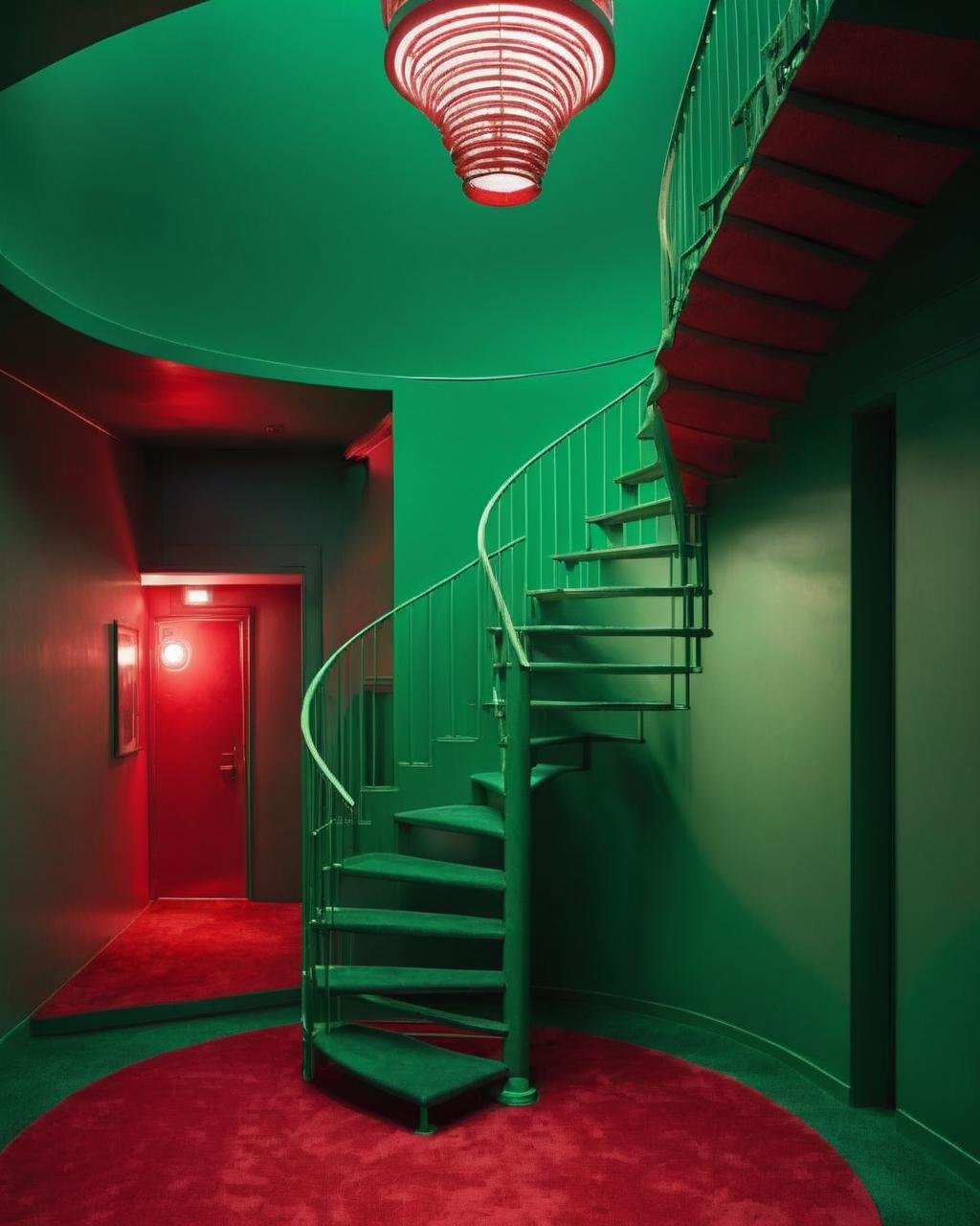 a spiral staircase in a green room with a red carpet , a red light shines on a house in the country