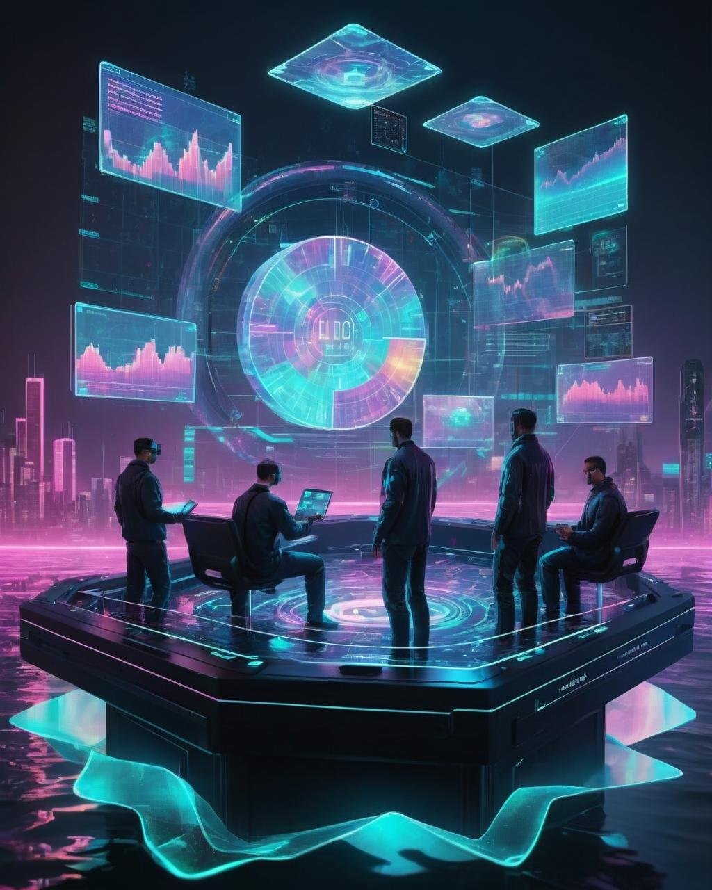 Cryptocurrency exchange, traders surrounded by floating holographic charts, riding the waves of digital fortunes. , cyberpunk style